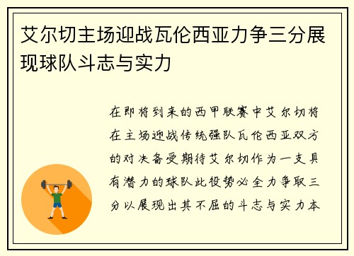 艾尔切主场迎战瓦伦西亚力争三分展现球队斗志与实力